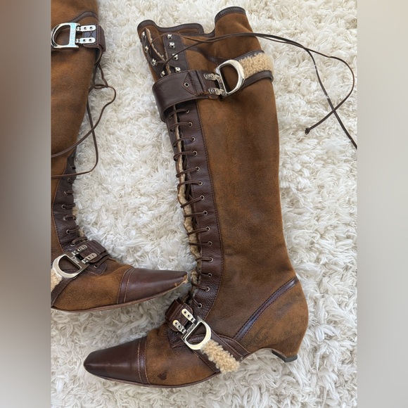 Dior auth brown Leather and shearling Knee-High Boots - Picture 3 of 15